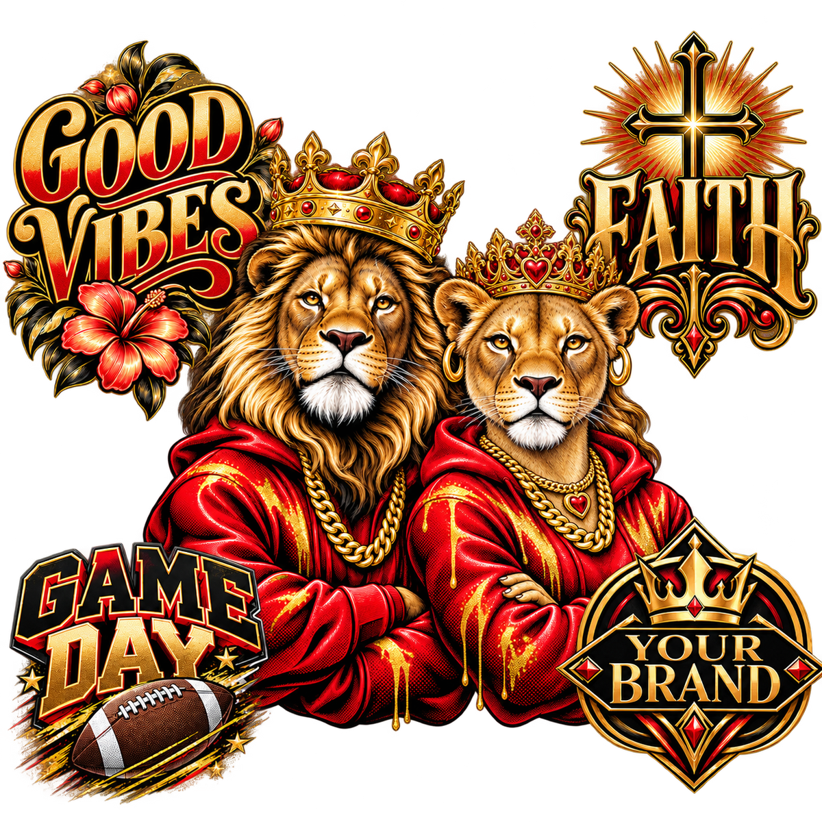 Illustrative DTF design showcase featuring a crowned king lion and queen lioness with Good Vibes, Faith, Game Day, and a sample business emblem in black, red, and gold.
