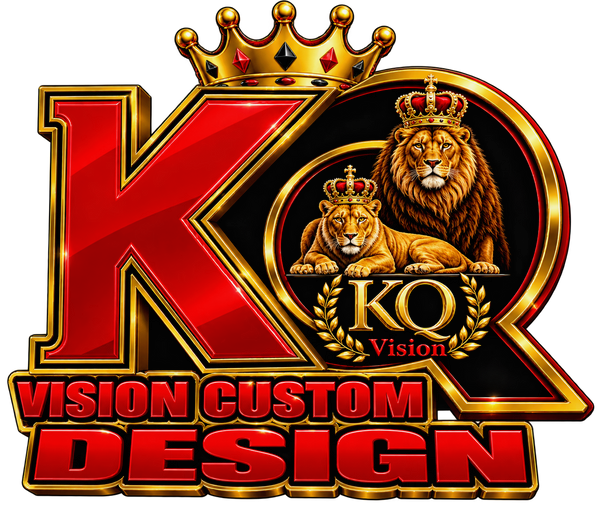 KQ Vision Custom Design — red and gold KQ logo with crowned king lion and queen lioness.