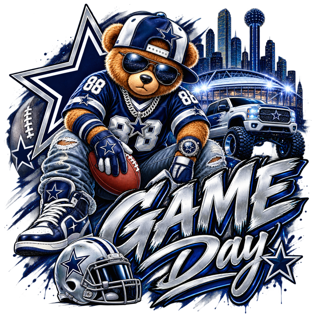 Navy and silver football Game Day bear ready-made print