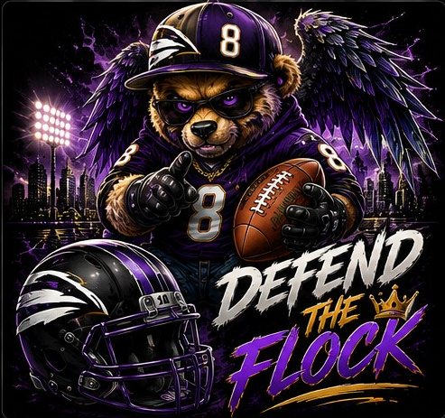 Purple and gold Defend the Flock bear design