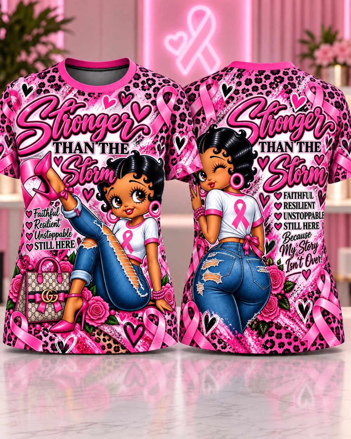 Stronger Than the Storm breast cancer awareness DTF transfer design